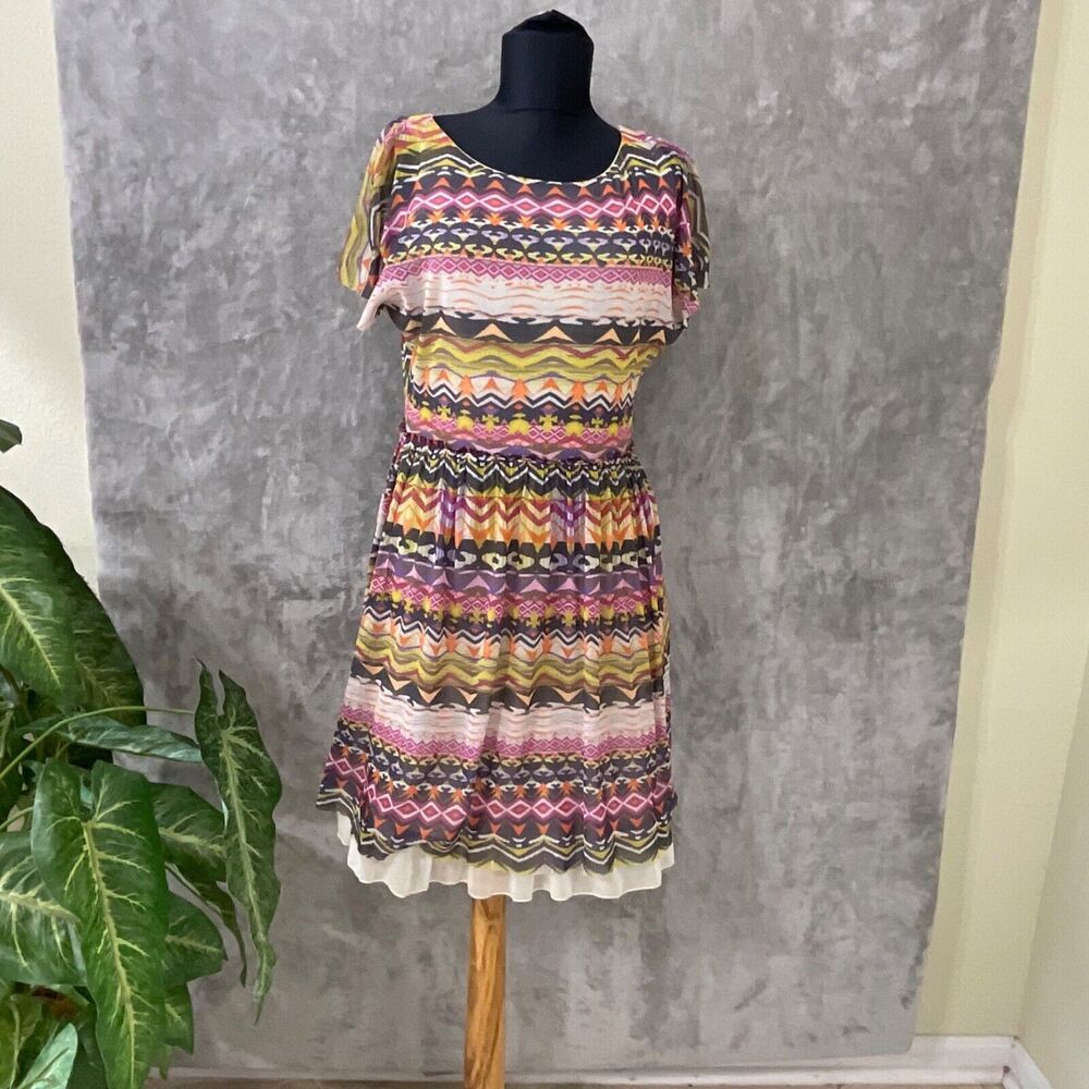 Anthropologie Weston Wear Caraz Mini Dress Boho Aztec women M Built in Petticoat